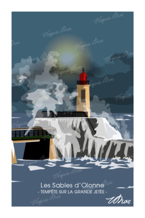 Carte postale et affiche les sables d'Olonne - 03 - Tempête sur la grande jetée