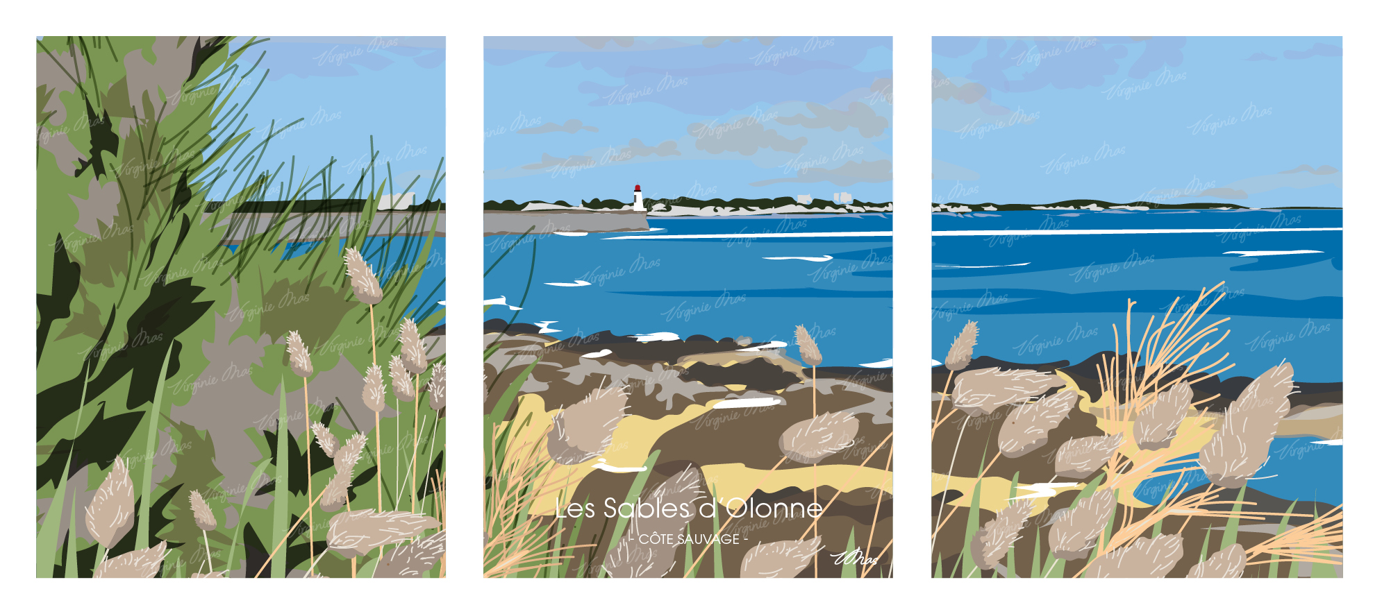 Triptyque côte sauvage Les Sables d'Olonne - Illustration Virginie Mas